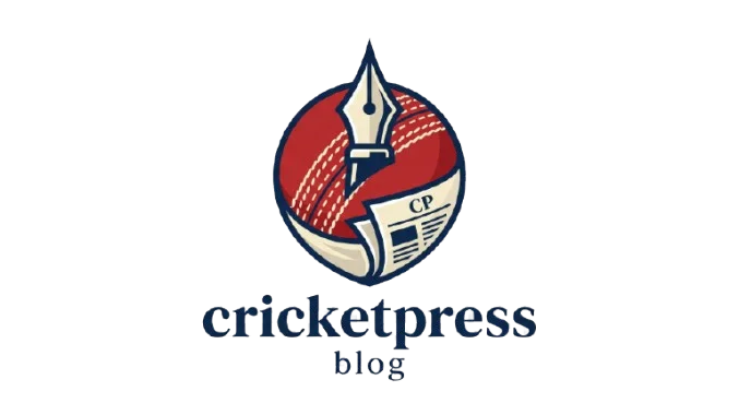A vector-style logo combining a red cricket ball, a fountain pen nib, and a folded newspaper with "CP" on it. Below the icon, the text "cricketpress" is in a navy blue serif font, followed by "blog" in a smaller font. The background is a checkerboard pattern.