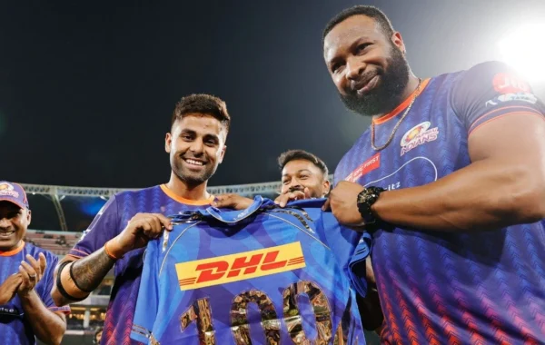 Kieron Pollard hands jersey to Suryakumar Yadav